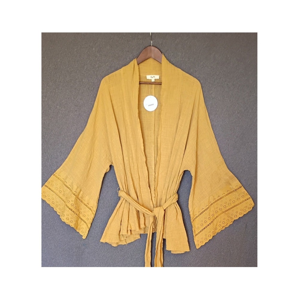 Mustard Yellow Bell Sleeve Kimono Wrap Top Cotton Eyelet Lace Trim NEW Size L